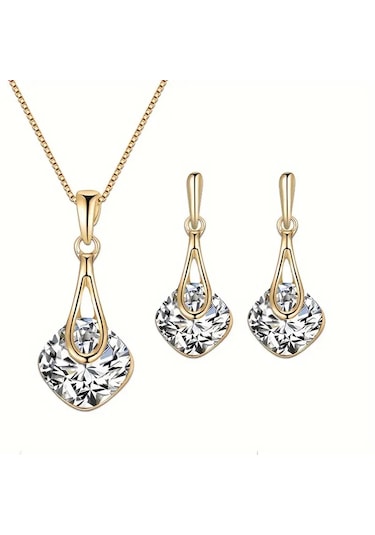 Moda Zarif Kolye, Küpe Swarovski Taşlı Set, Sevgililer Günü Altın - Beyaz