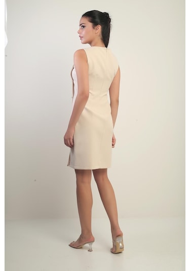 Kadın Kendinden Telalı Yan Düğmeli Kısa Elbise-40999 Bej