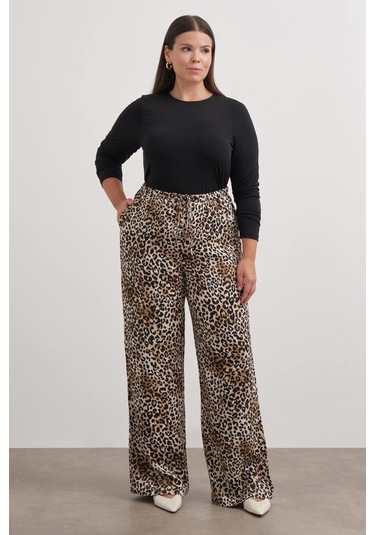 Beli Lastikli Leopar Desenli Pantolon-2556 Kahverengi