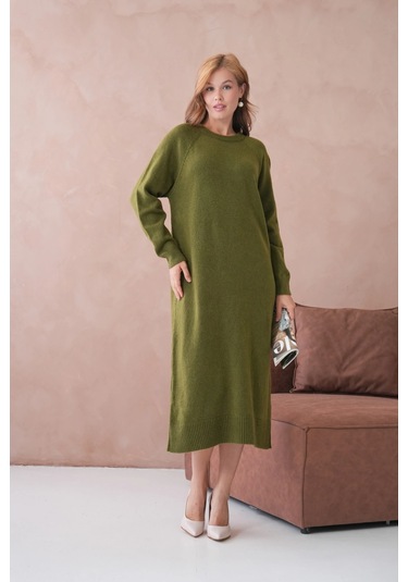 Kadın Bisiklet Yaka Yumuşak Dokulu Maksi Boy Şardonlu Oversize Triko Elbise 8324sw Haki