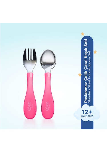 Wee Baby Paslanmaz Çelik Kaşık Çatal Seti Pembe