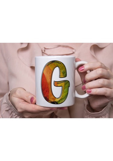 G Harf Yaprak Renkleri İle Kupa Bardak - Kişiye Özel Alfabe Harfli Bardak - Hediye Beyaz