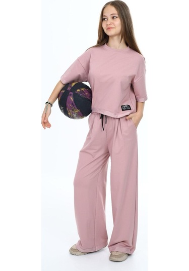 Kız Çocuk %100 Pamuk Oversize Yarım Kol Alt-üst Eşofman Takım-eşt-0012 Pudra