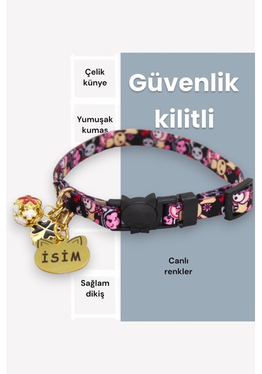 Caramelos Güvenlik Kilitli Kedi Tasması, Isimli Kedi Tasması Skkk