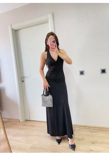 Sırt Dekolteli Uzun Elbise - Siyah Siyah