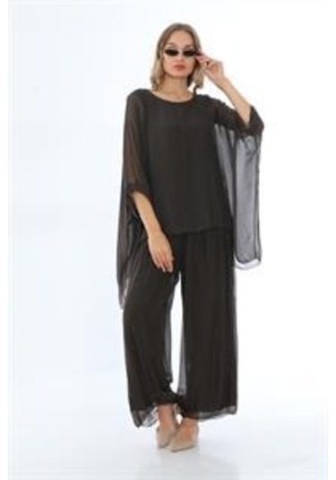 İtalyan Yarasa Kol İpek Bluz-8869 Kahverengi