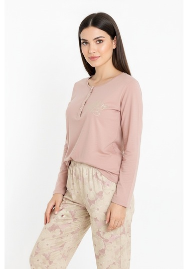 Üstü Yazılı Altı Çiçek Desenli Elite Viscose Uzun Pijama Takımı Pudra 3564 Pembe