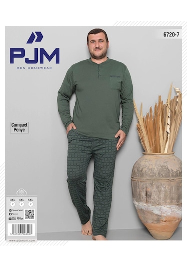Pijamoni Erkek Battal Düğme Yaka Penye Uzun Kol Pijama Takımı 6720/7 - 1 Adet Yeşil