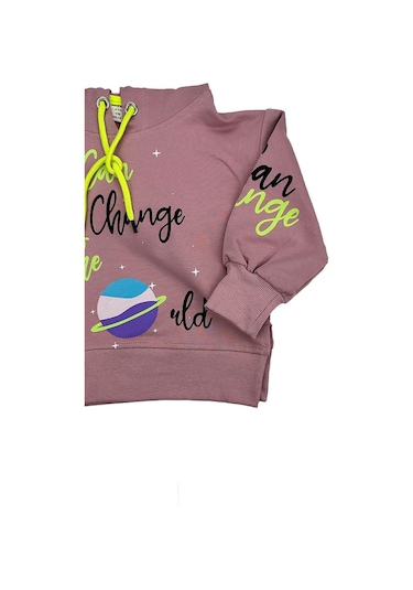 Yazılı Yırtmaçlı Kız Bebek Kapşonlu Sweat Pudra 001