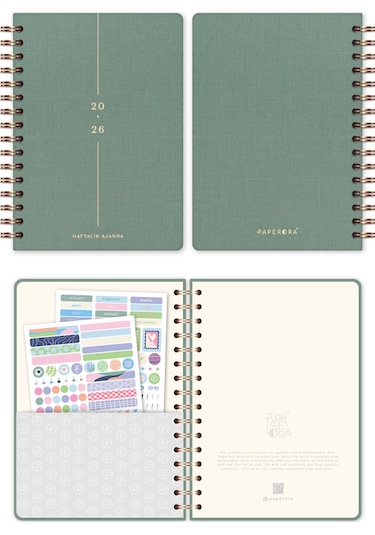 2026 A5 Spiralli Keten Haftalık Ajanda 12 Aylık - Yeşil Yeşil
