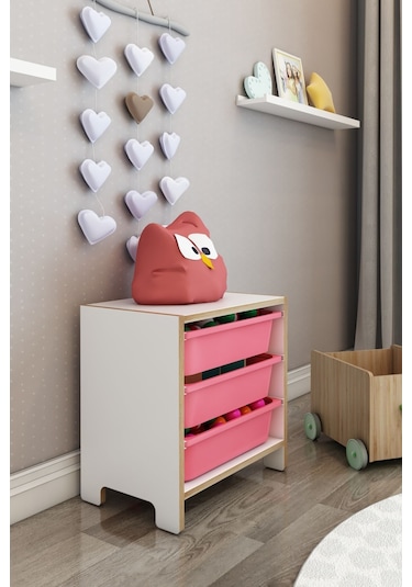 3 Sepetli Çok Amaçlı Oyuncak Dolabı Mdf Pembe Pembe