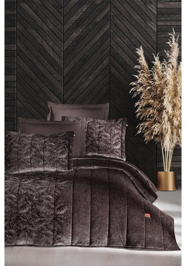 Lucie Jakar Kadife Çift Kişilik Yatak Örtüsü Takımı Mürdüm Bej