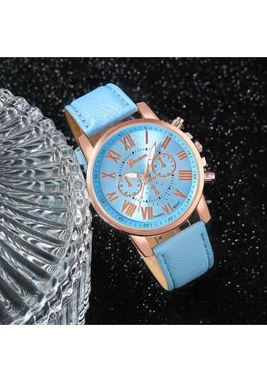 Elegant Yuvarlak Quvars Saat Analog Ve Kolye+küpe+yüzük Takım Açık Mavi