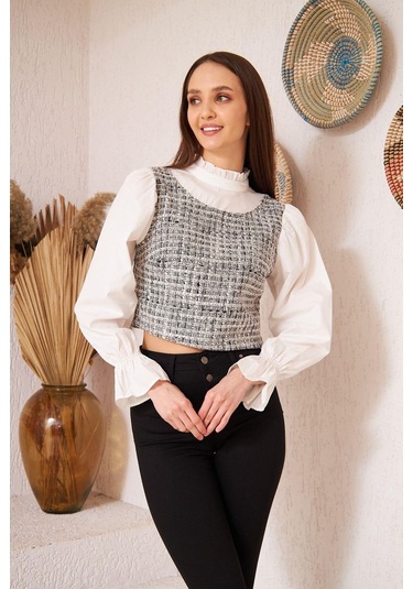 Darlin Moda Gri Tüvit Detaylı Uzun Kollu Bluz Dm9000 Gri