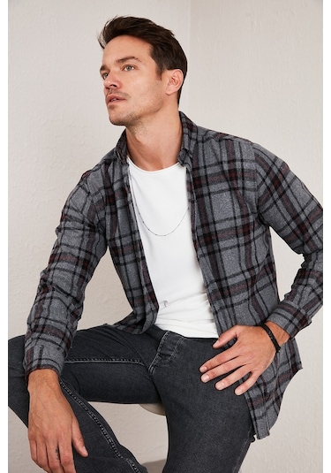Buratti Ekoseli Uzun Kollu Slim Fit Kışlık Erkek Gömlek Cf21W112844 Antrasit