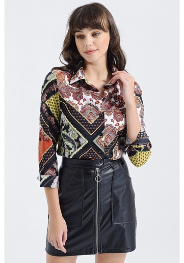 Kadın Siyah Modern Tarz Desenli Uzun Kollu Gömlek Siyah - Ekru