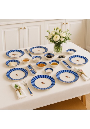 Seramık 6 Kısılık Mavi Kuşlu14 Parca Seramık Kahvaltı Takımı Beyaz