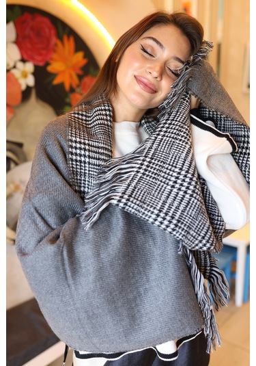 Çift Taraflı Kazayağı Desenli Atkı Omuz Şalı 70x185 CM 1212 Antrasit