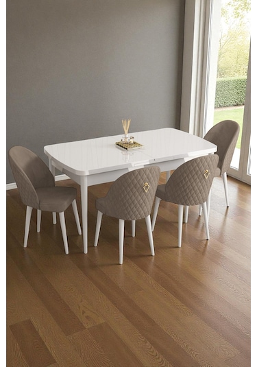 Mura Beyaz 80x132 Açılabilir Mdf Masa Yemek Odası Takımı, Mutfak Takımı 4 Adet Sandalye Cappuccino