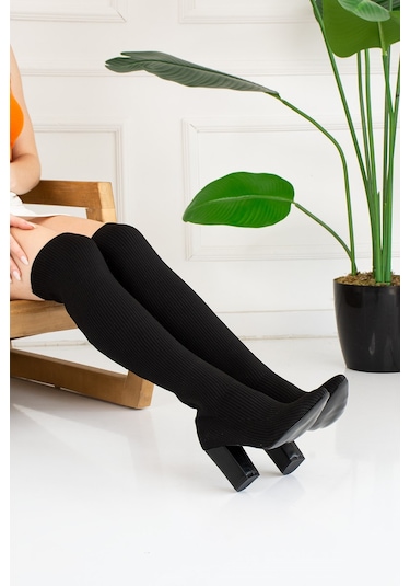 Günlük Kadın Kalın Topuklu Rahat Esnek Streç Triko Dizüstü Çizme 215u Siyah