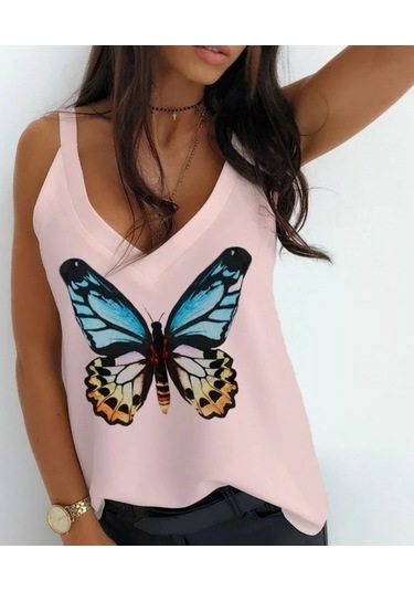 Kadın Kelebek Baskılı Sandy Kumaş Askılı Bluz Pudra