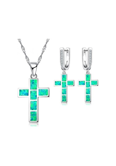 Pembe Moda İsa Haç Aksesuarları Kadınlar Için Set İmitasyon Mavi Ateş Opal Çapraz Kolye Kolye Küpe Kadın Düğün Takısı Pembe