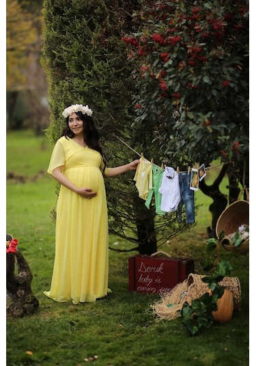 Modalabio Moda Labio- Babyshower Melek Kol Hamile Elbisesi Sarı