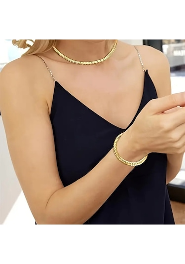 Silver İtalyan Ezme Yassı Yılan Çelik Unisex Set Tak... Altın