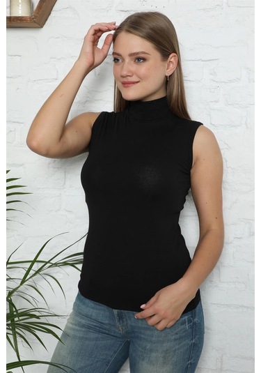 Giyim Bayan Sıfır Kol Yarım Balıkçı Yaka Body Siyah Siyah