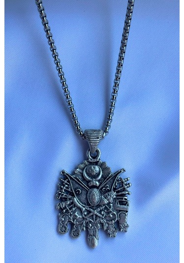 Osmanlı Tuğrası El İşçiliği Paslanmaz Çelik Zincir Erkek Kolye Gümüş