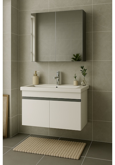 Arista 80 Cm Beyaz Mdf, Seramik Lavabolu, Banyo Dolabı Takımı Beyaz