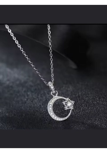 925 Ayar Gümüş Kristal Taşlı Ay Yıldız Kolye