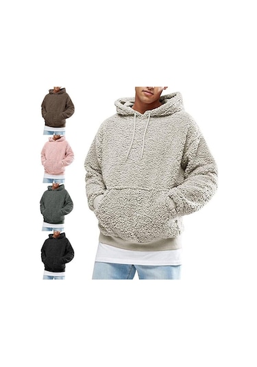 Erkekler Kalın Polar Peluş Sıcak Hoodie Kazak Kış Peluş Kürk Kapşonlu Tişörtü Siyah