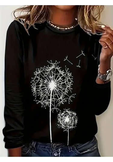 Kadın Uzun Kollu Bisiklet Yaka Çiçek Desenli Viskon Bluz Siyah