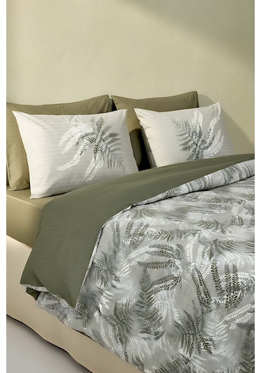 Dual Frond Çift Kişilik %100 Pamuklu Nevresim Takımı - 4 Parça Haki