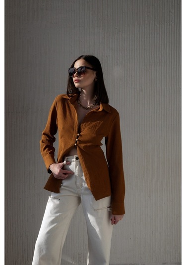 Morrow Ahşap Düğme Detay Kiremit Gömlek Kiremit