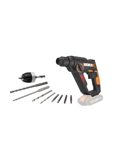 Worx WX390.9 20V 1.2J Profesyonel SDS-Plus Pnömatik Şarjlı Matkap + 8 Adet Uç + Mandren (Akü Dahil Değildir)