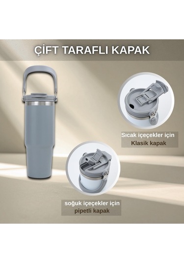 Pipetli Termos Bardak 900 Ml Paslanmaz Çelik -çift Kullanımlı Kapak Gri