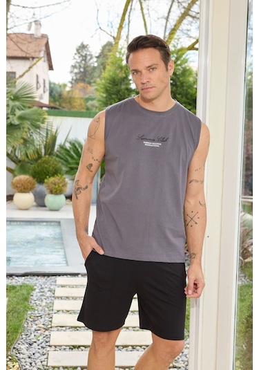 Relax Mode Erkek Gri Sıfır Kol Şortlu Pijama Takımı - 6180-3r
