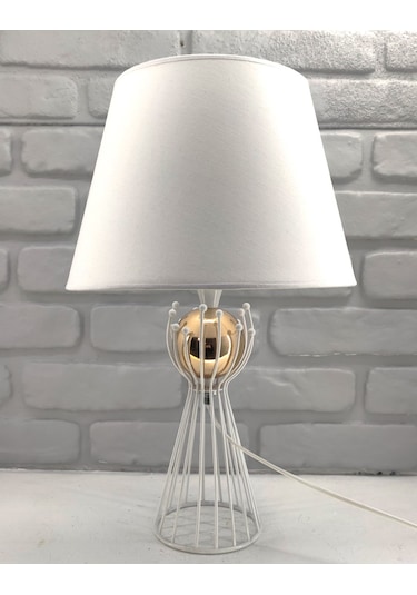Beyaz Gold Renk Toplu Sude Model Metal Ayak Kumaş Şapkalı Abajur Beyaz