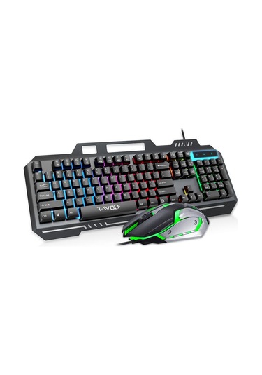 T-wolf Tf600 104 Tuşlu Kablolu Arkadan Aydınlatmalı Klavye Ve Fare Seti, Metal Panel Ve Telefon Standı İle Siyah Optik