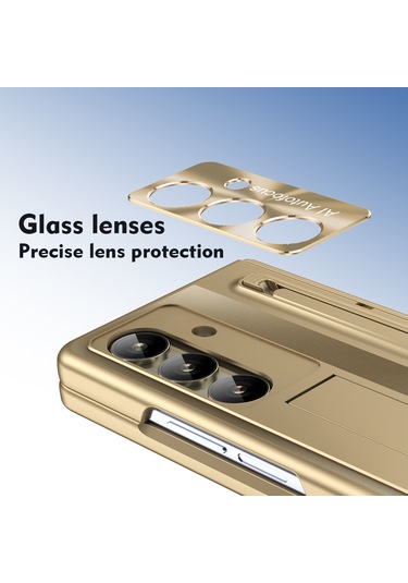 Samsung Galaxy Uyumlu Z Fold7 5g Kılıf Destekli Menteşeli Pc Telefon Kılıfı, Temperli Cam Filmi Ve Kalem - Altın Altın