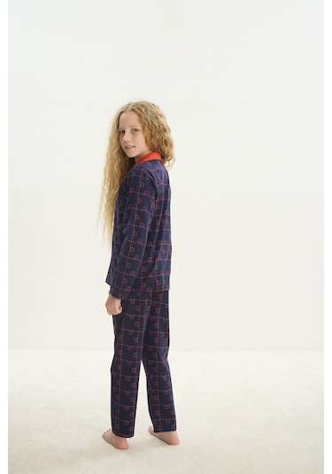 Sevim Kız Çocuk Uzun Kol Gömlek Yaka Önden Düğmeli Lacivert Pijama Takım C0t1n7o8 001