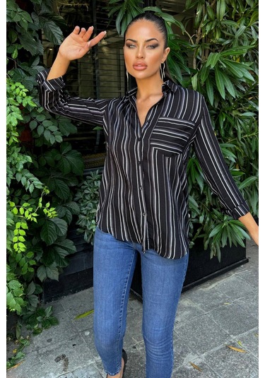 Kadın Siyah Uzun Kol Özel Kumaş Tek Cep Gömlek Dik Çizgili Arkası Uzun Basic Kesim Gömlek Siyah