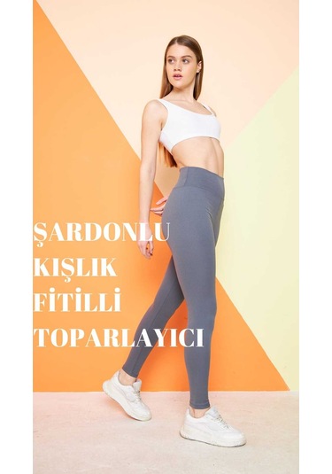 Haki Yüksek Bel Fitilli Toparlayıcı İnterlok Örme Şardonlu Spor Kışlık Tayt Antrasit