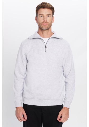 Unisex Relax Fit Rahat Kesim Fitilli Desenli Pamuklu Yarım Fermuarlı Gri Dik Yaka Sweatshirt-31991 Gri