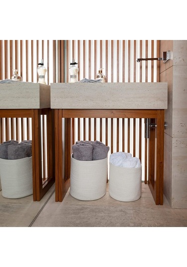 Ikili Dekoratif Jüt Saplı Hasır Sepet Saksı 30 Cm Ve 25 Cm , Dekoratif Saksı Ve Havluluk Beyaz