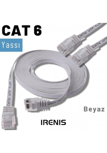 Irenis CAT6 Kablo Yassı Ethernet Network Lan Ağ İnternet Kablosu 3 M Beyaz
