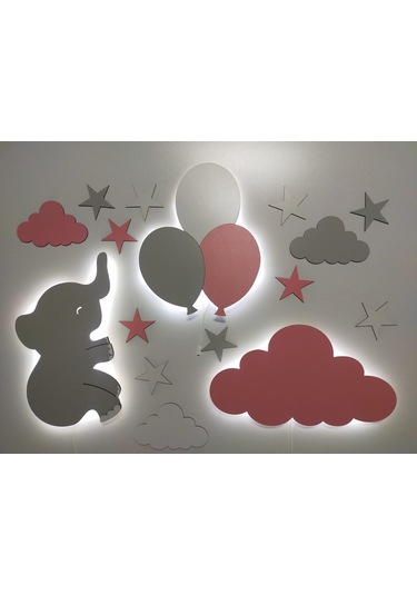 Çocuk Odası Dekoratif Ahşap Bulut Fil Uçan Balon Gece Lambası Led Çok Renkli