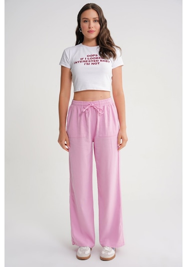 4629 Kadın Bol Paça Yüksek Bel Viskon Palazzo Pantolon Pembe Pembe
